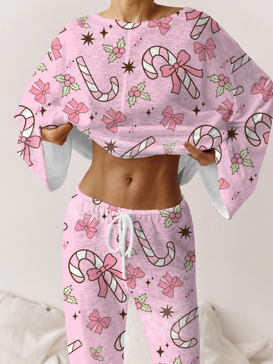 Women's Christmas Bow Candy Cane Pattern Long Sleeve Pants Set