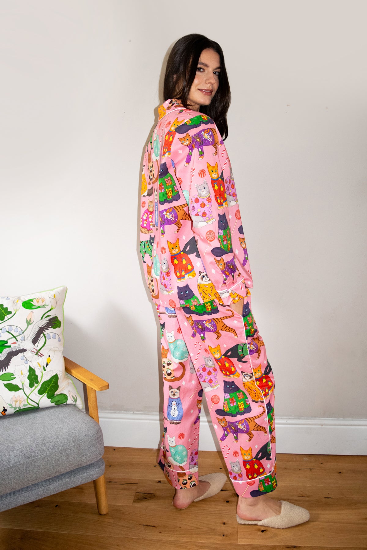 Women's Lapel Cute Cat Print Long Sleeve Pajama Set