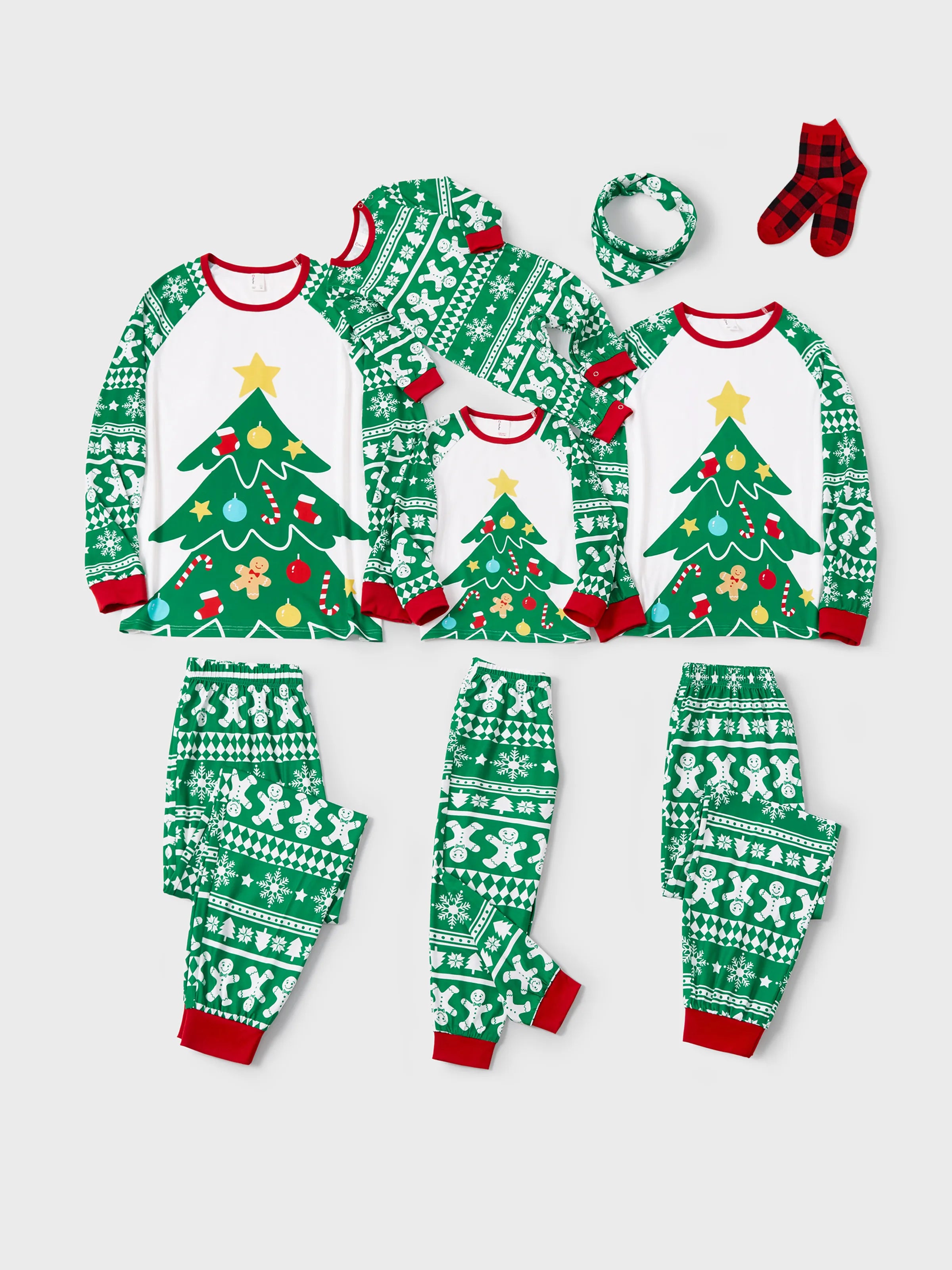 Christmas Matching Family Pajamas Set Gingerbread and Christmas Tree Print Green PJS