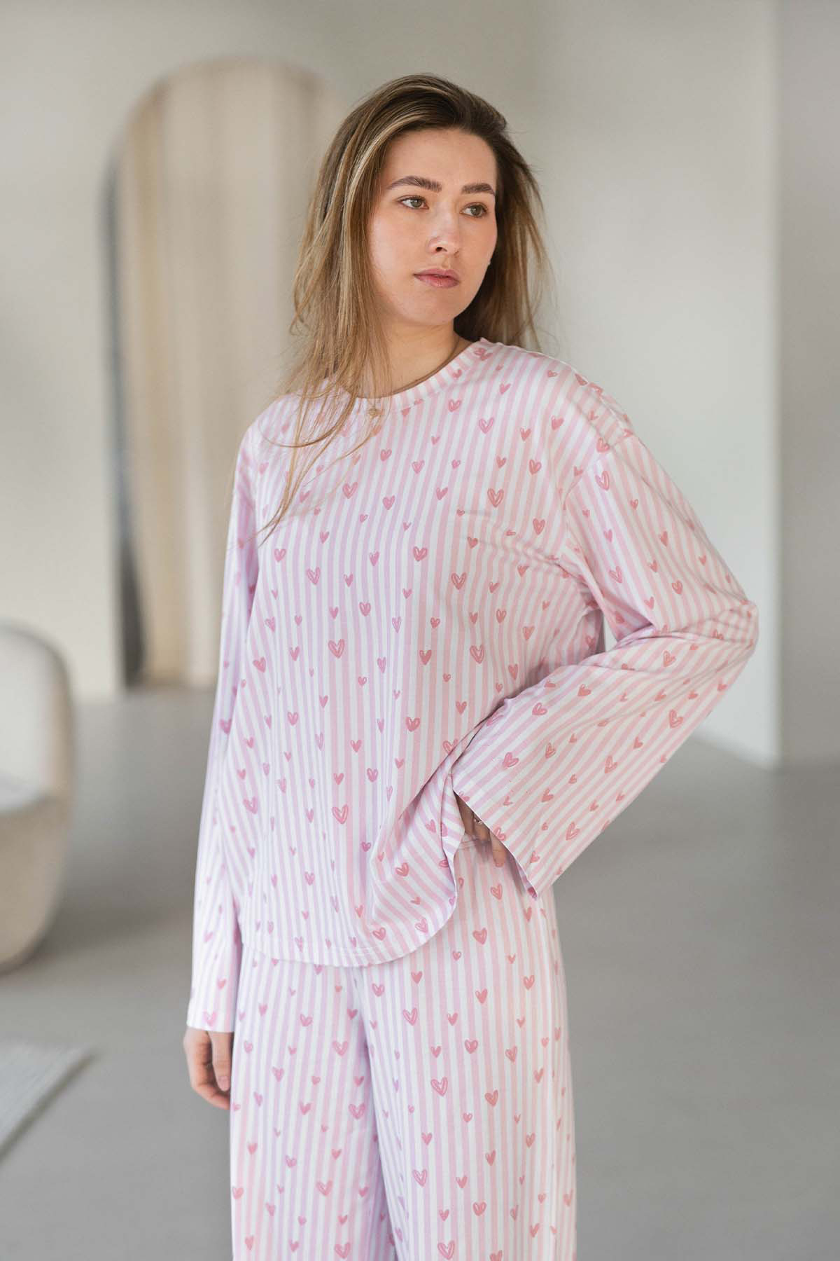 Hearts Print Pink Pajama Loungewear Sleep Set