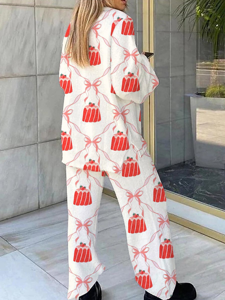 Women's Bow Pudding Pattern V-Neck Long Sleeve Pants Suit