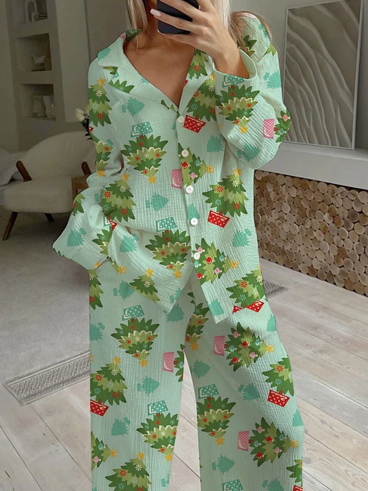 Women's Christmas Cute Christmas Tree Pattern Long Sleeve Pants Set