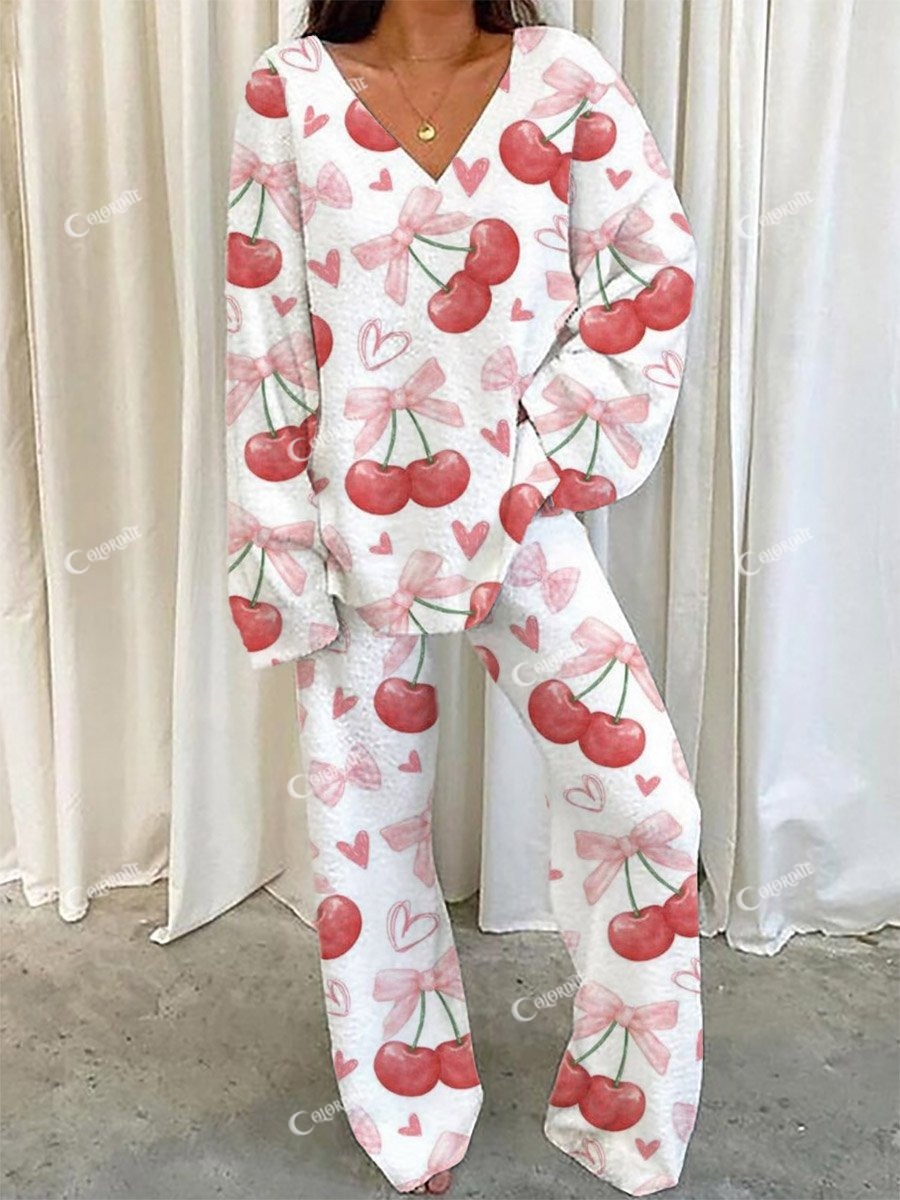 Women's Bow Cherry Pattern V-Neck Long Sleeve Pants Suit