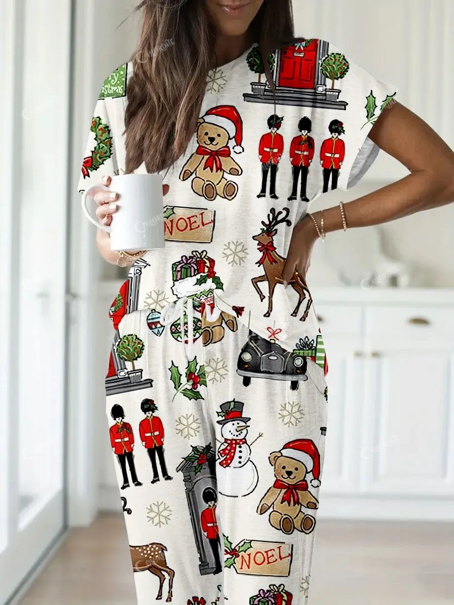 Women's British Style Christmas Print Short Sleeve Lounge Suit