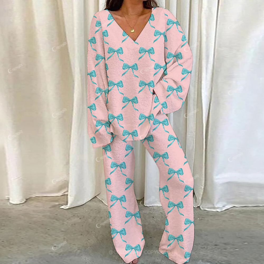 Colordate Casual Pink Lake Blue Bow Printed Loungewear Set For Women