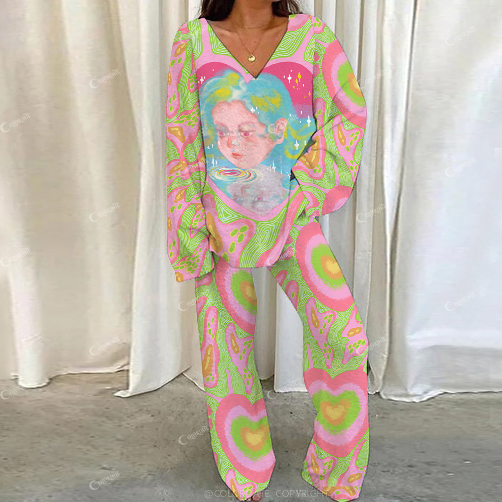 Colordate Casual Rainbow Girl Printed Loungewear Set For Women