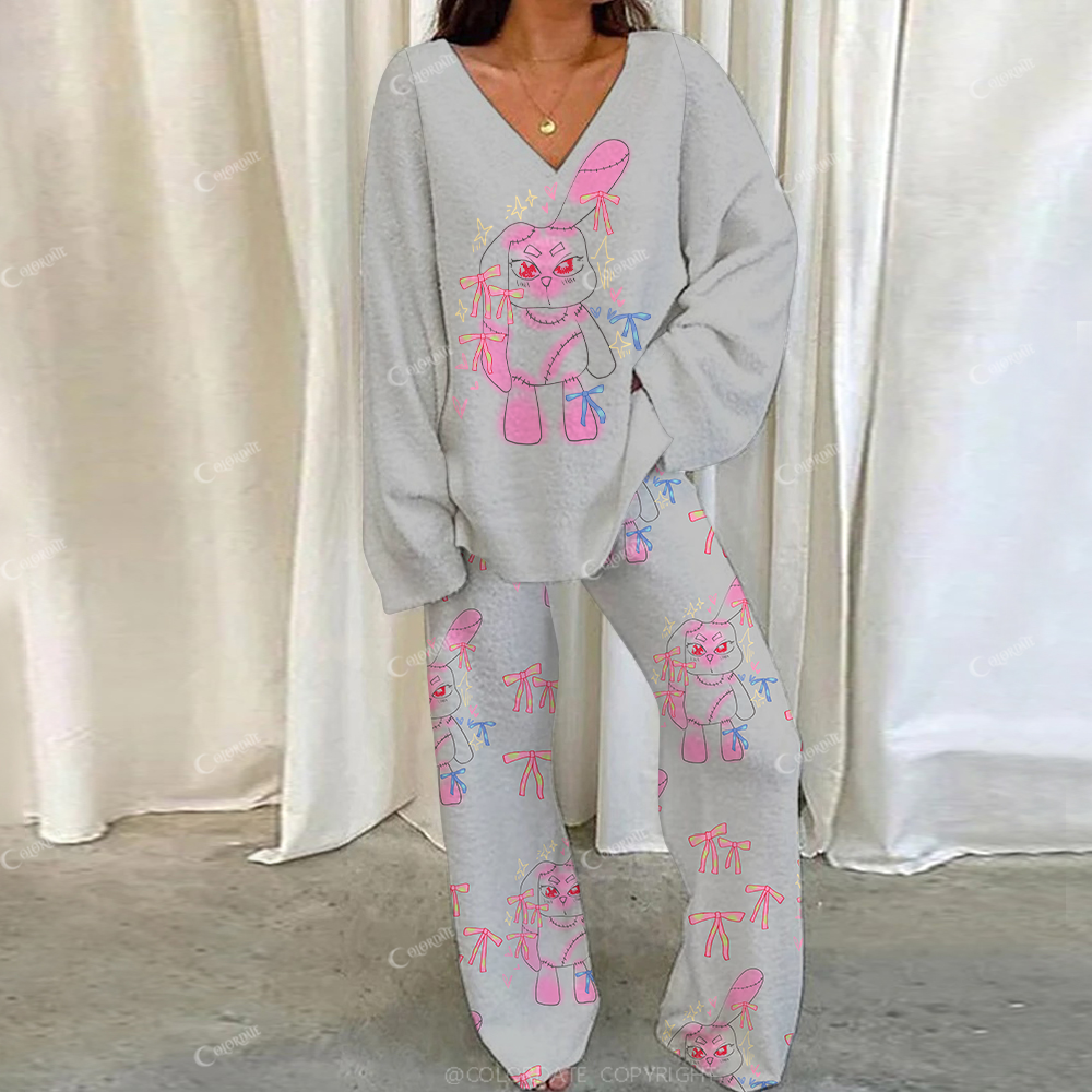 Colordate Casual Brilliant Rabbit Loungewear Set For Women