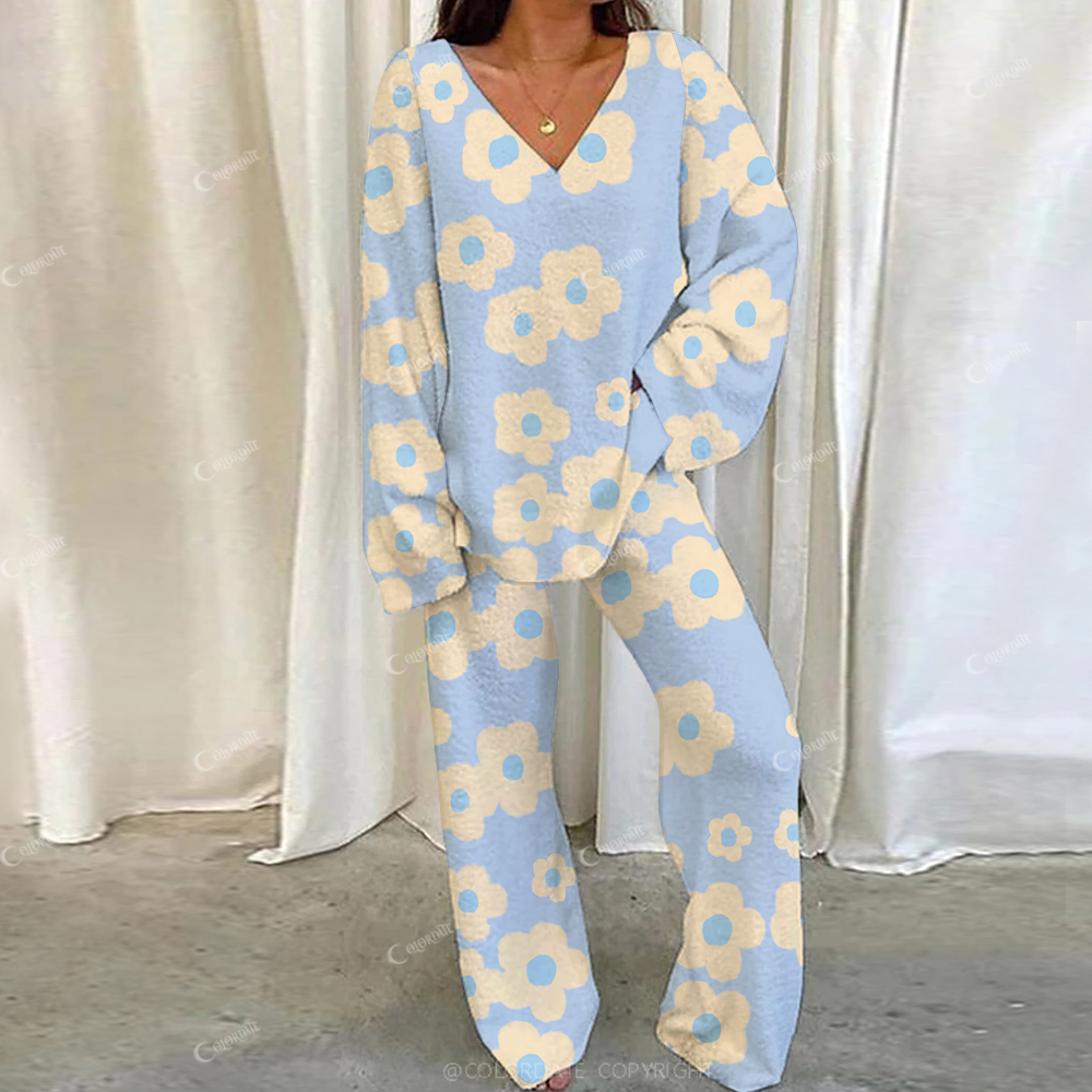 Colordate Casual Yellow Fresh Flowers Printed Loungewear Set For Women
