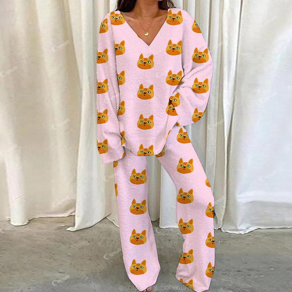Colordate Casual Orange Cat Loungewear Set For Women