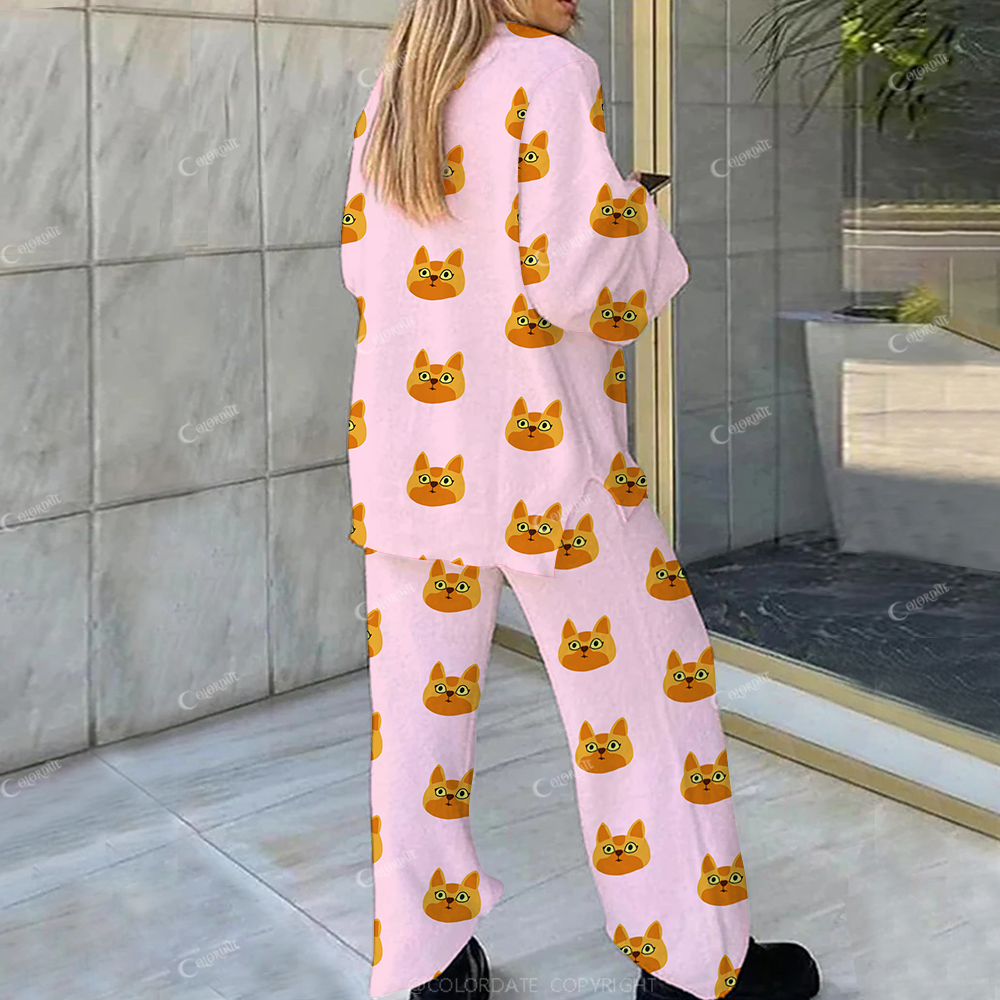 Colordate Casual Orange Cat Loungewear Set For Women