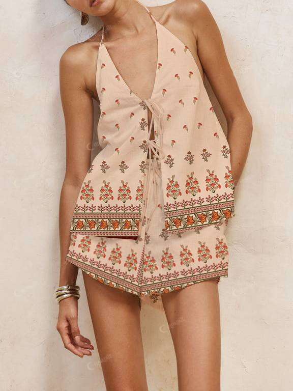 Orange Floral Print Halter Neck Tie-Up Top And Shorts Suit