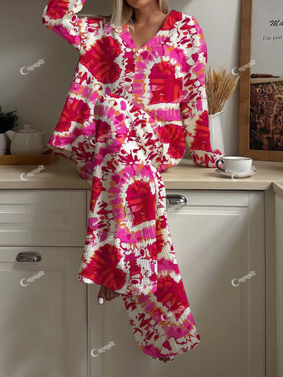 Women's Pink Valentine's Day Love Art Painting Printed Home Long Sleeve Suit