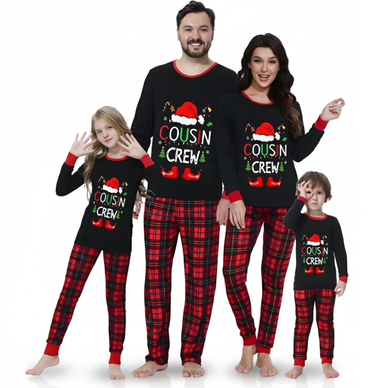 Cousin Crew Christmas Print Matching Plaid Pajama Set
