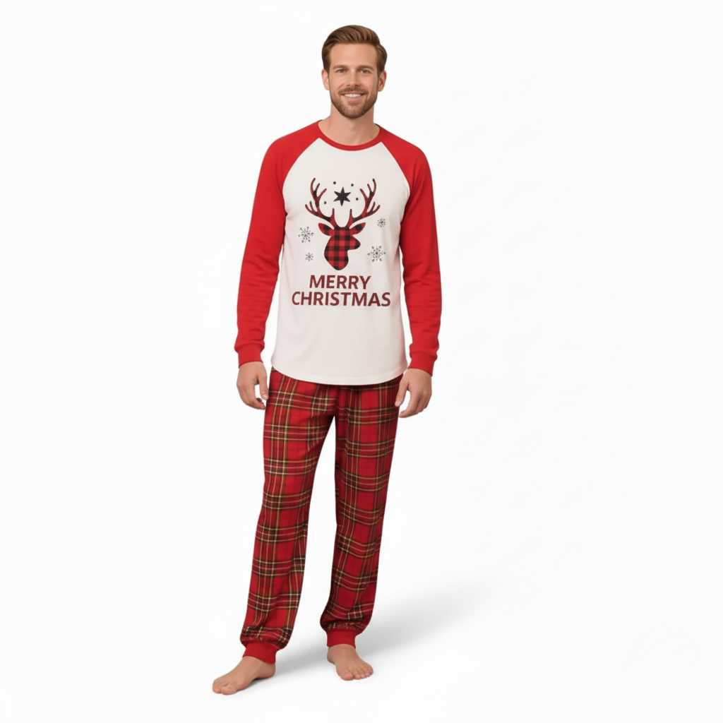 Merry Christmas Reindeer and Snowflake Print Pajama Set With Plaid Pants