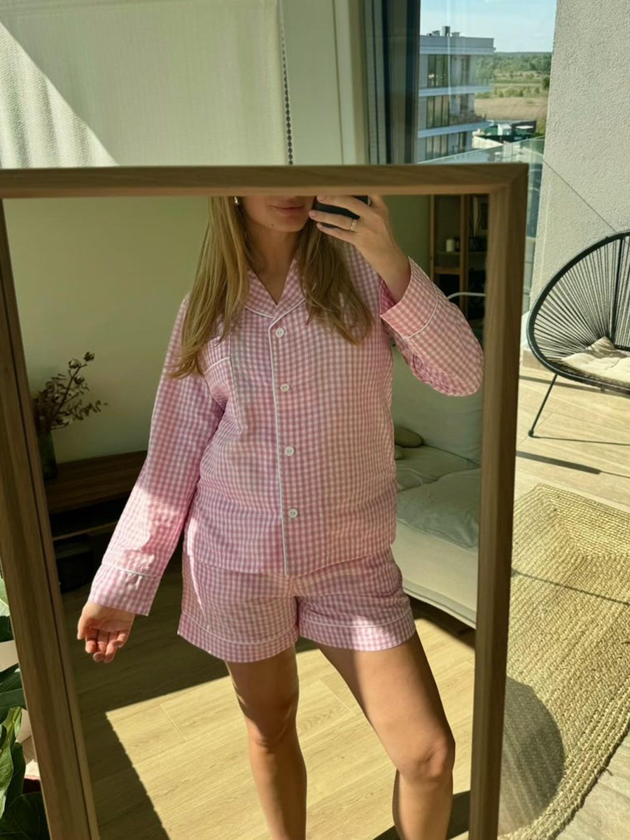 Women Сotton Pajama with Shorts Plaid Loungewear Bridal Pink Pajama Sets