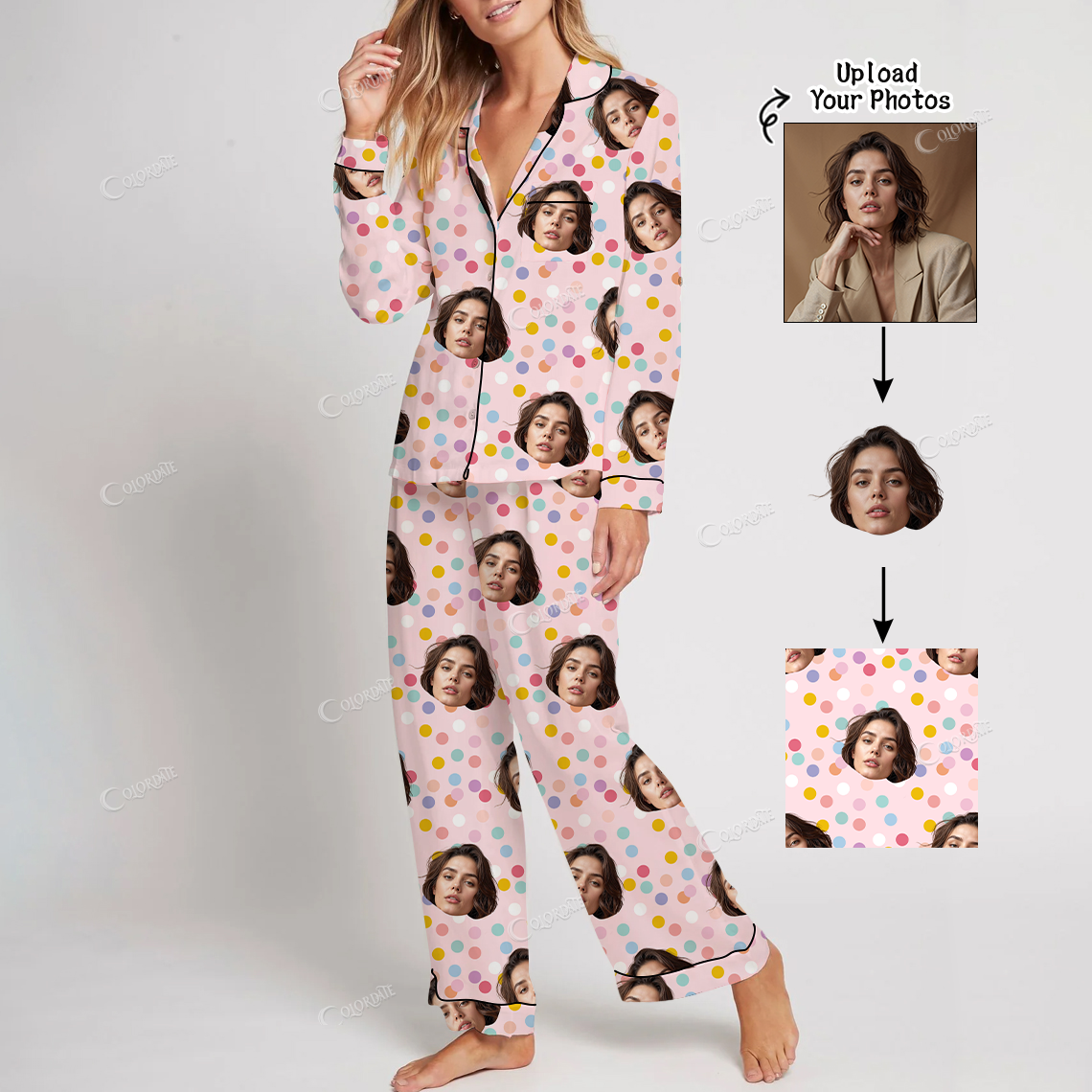 Addcustom Your Photos Women's Colored Dots Print Home Long Sleeve Suit