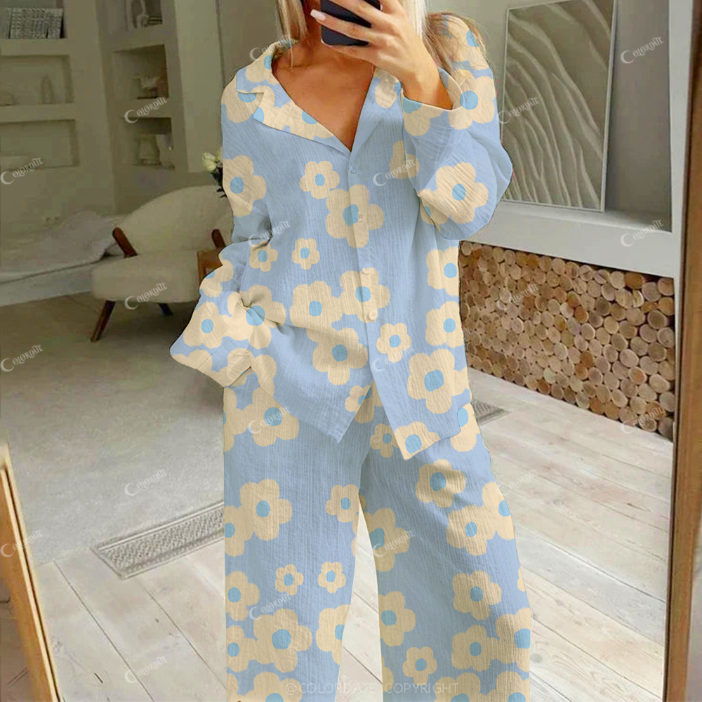 Colordate Women's Yellow Fresh Flowers Print Cotton Cardigan Homewear Set