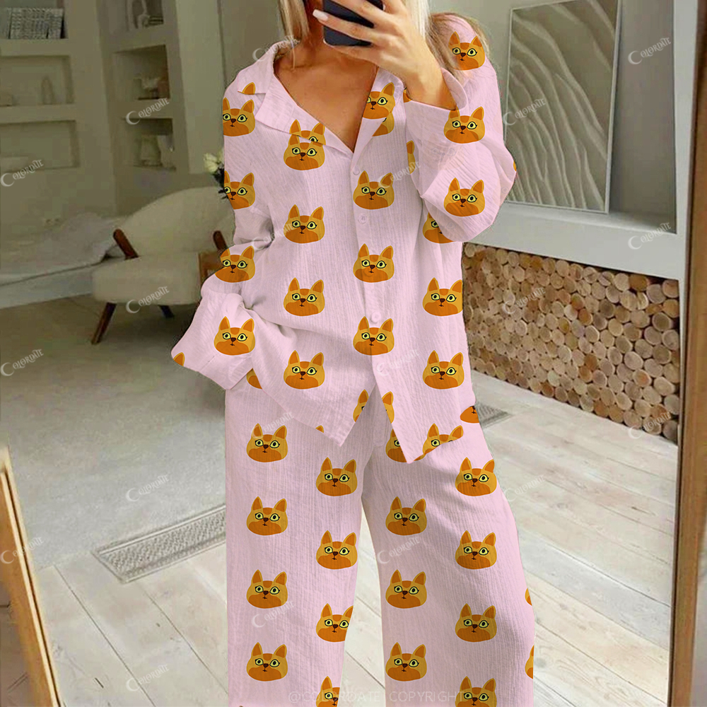 Colordate Women's Orange Cat Print Cotton Cardigan Homewear Set