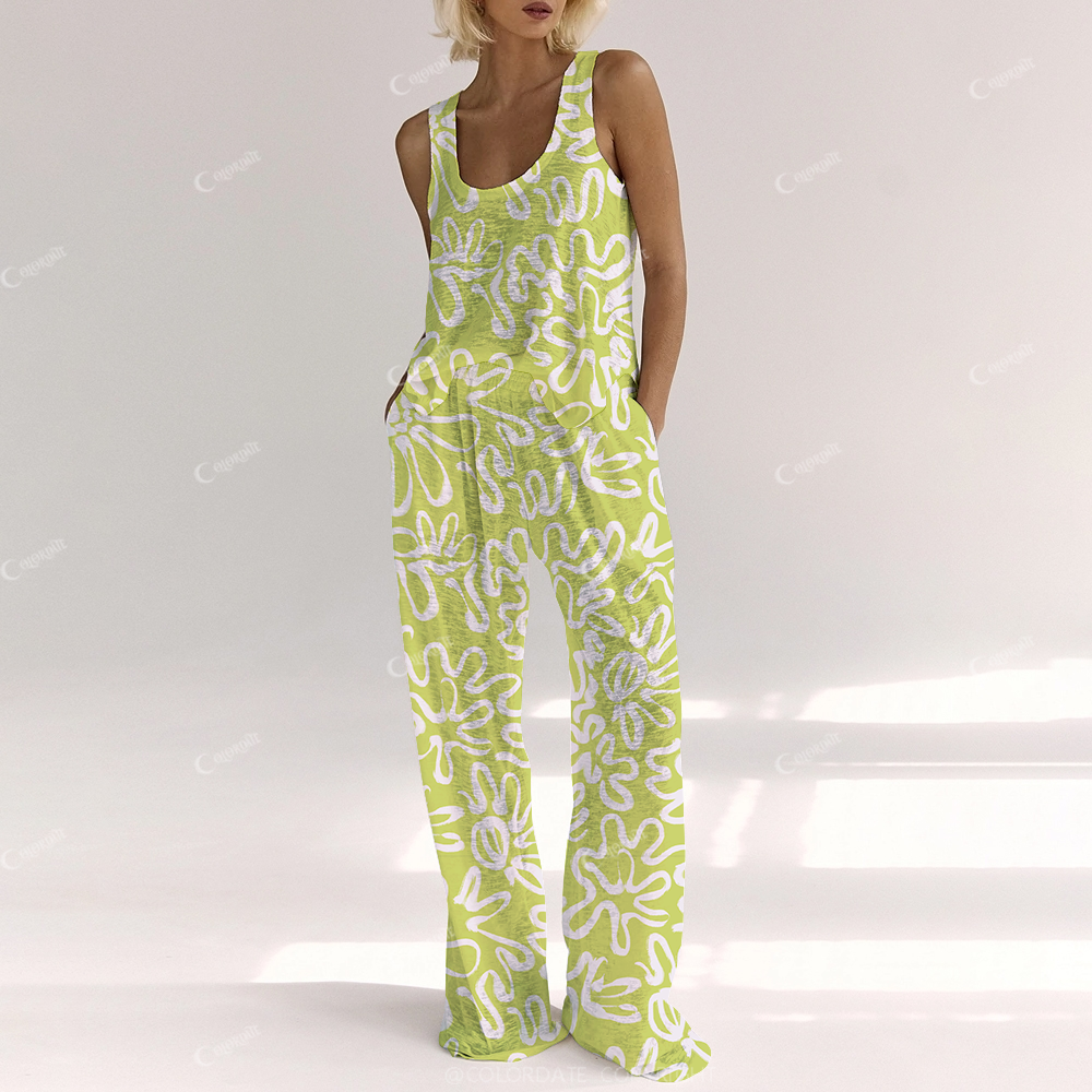 Colordate Women's Fresh Sunflower Green Print Cotton Vest and Pants Set