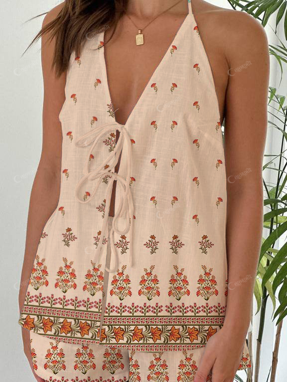 Orange Floral Print Halter Neck Tie-Up Top And Shorts Suit