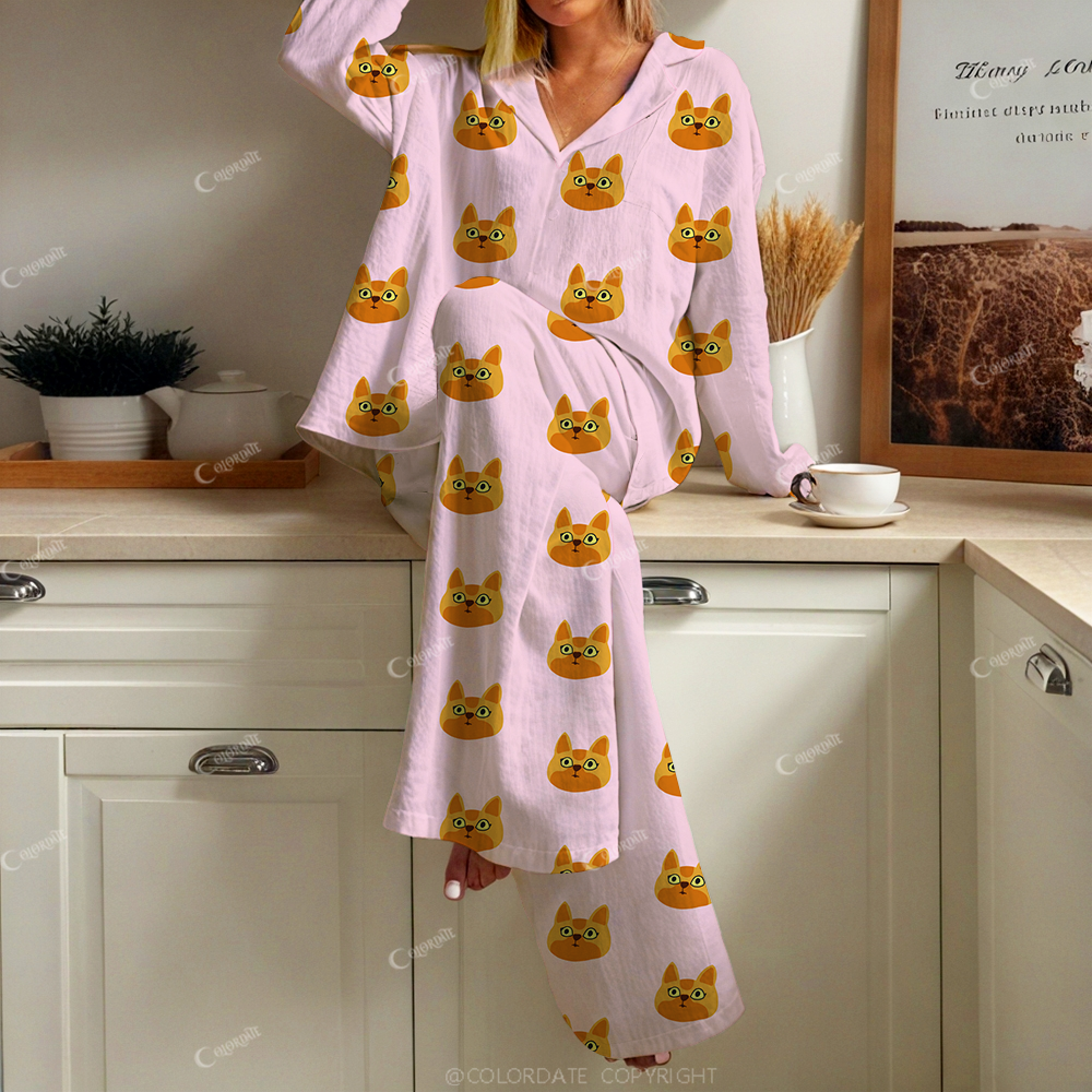 Colordate Women's Orange Cat Print Cotton Cardigan Homewear Set
