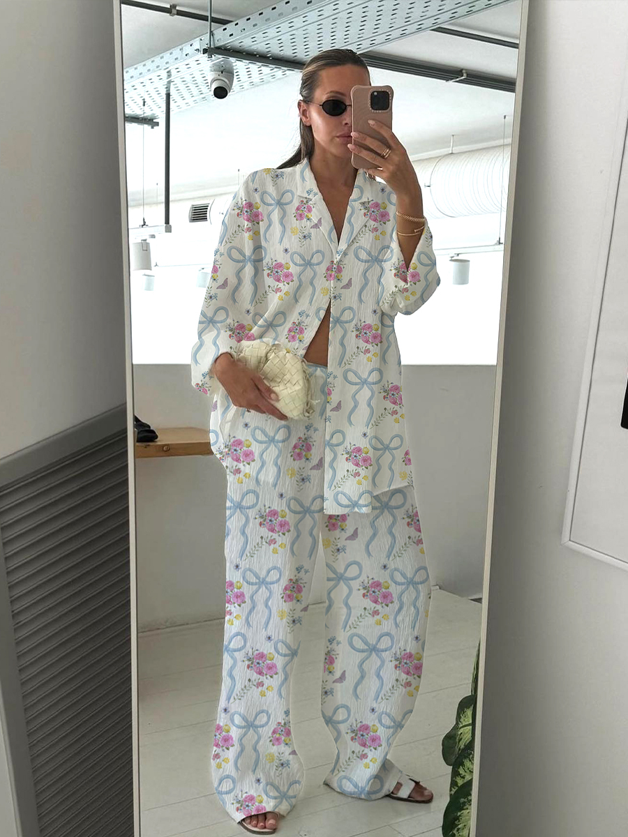 Petal Kisses Women's Floral Bow Print Casual Homewear Set