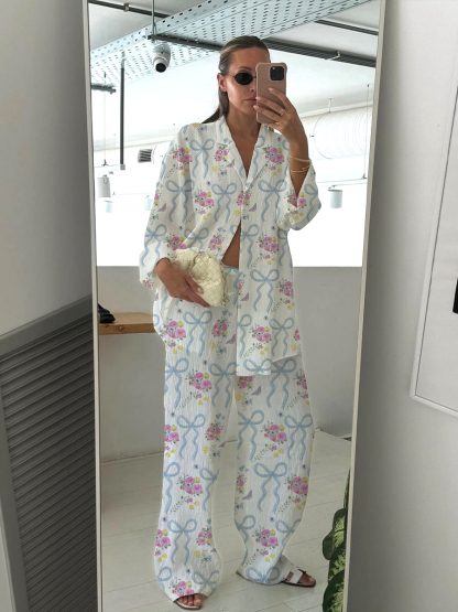 Petal Kisses Women's Floral Bow Print Casual Homewear Set