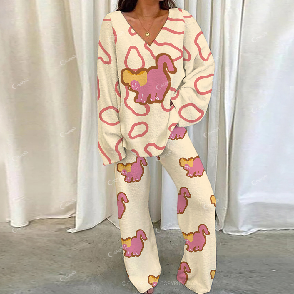 Casual Pink Kitten With Bow Loungewear Set For Women