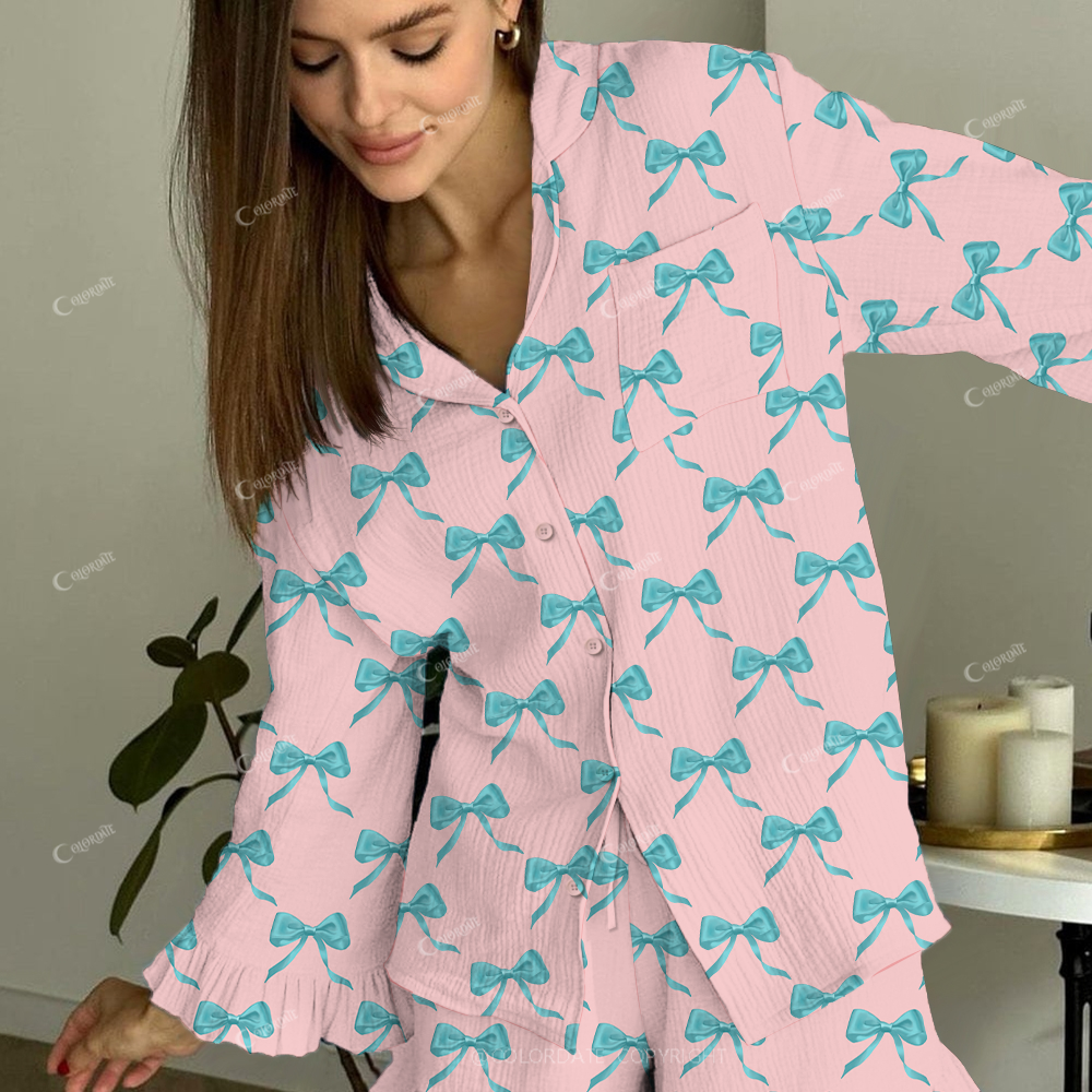 Colordate Women's Pink Lake Blue Bow Printed Linen Cotton Suit