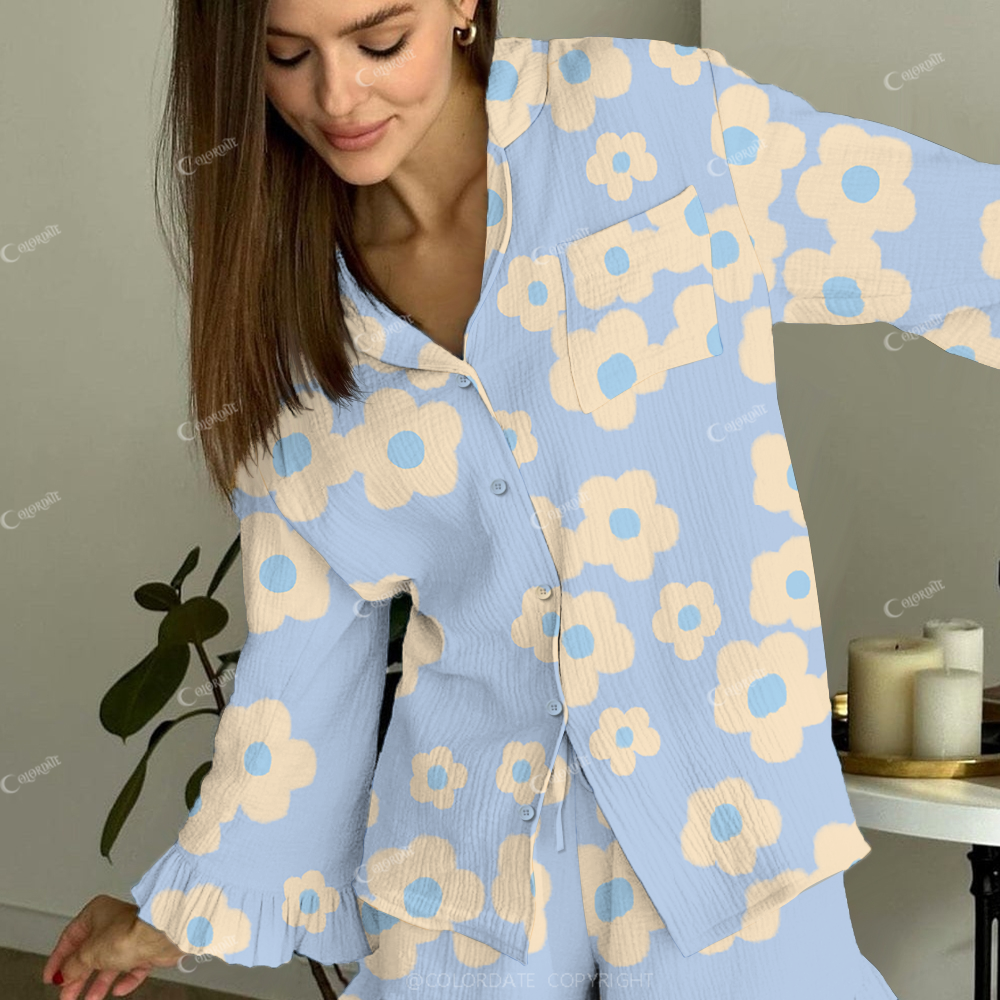 Colordate Women's Yellow Fresh Flowers Printed Linen Cotton Suit