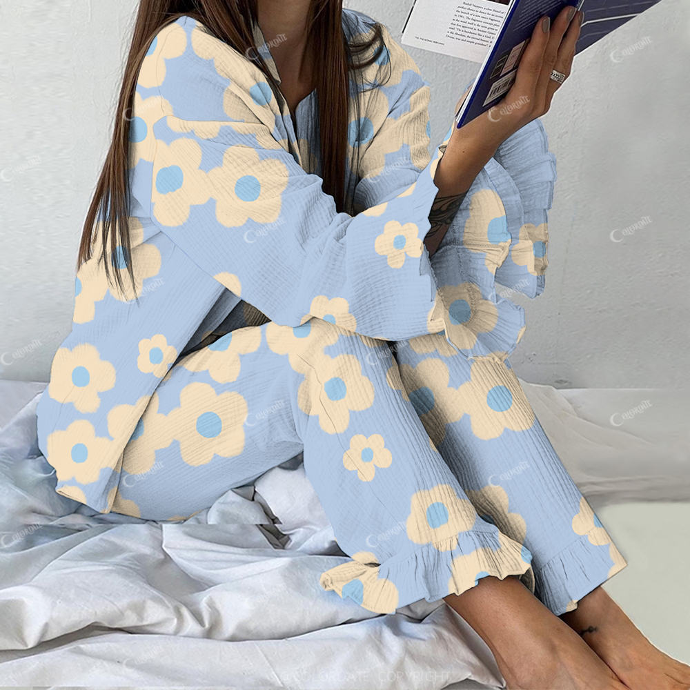 Colordate Women's Yellow Fresh Flowers Printed Linen Cotton Suit