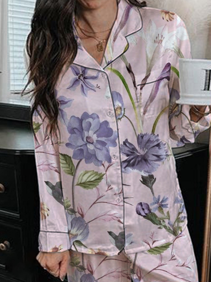 Women's Romantic Elegant Floral Pattern Long Sleeve Pants Set