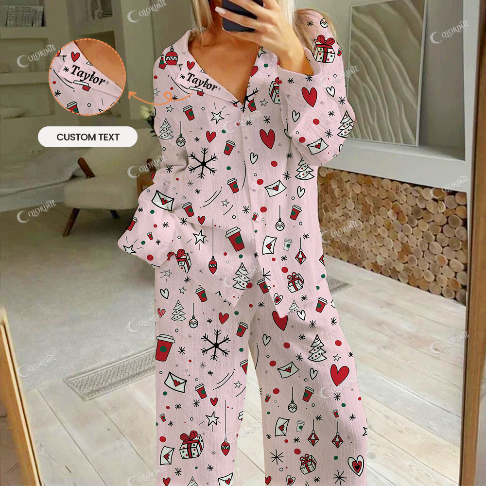 Custom Women's Christmas Patterns Print Cotton Cardigan Homewear Set