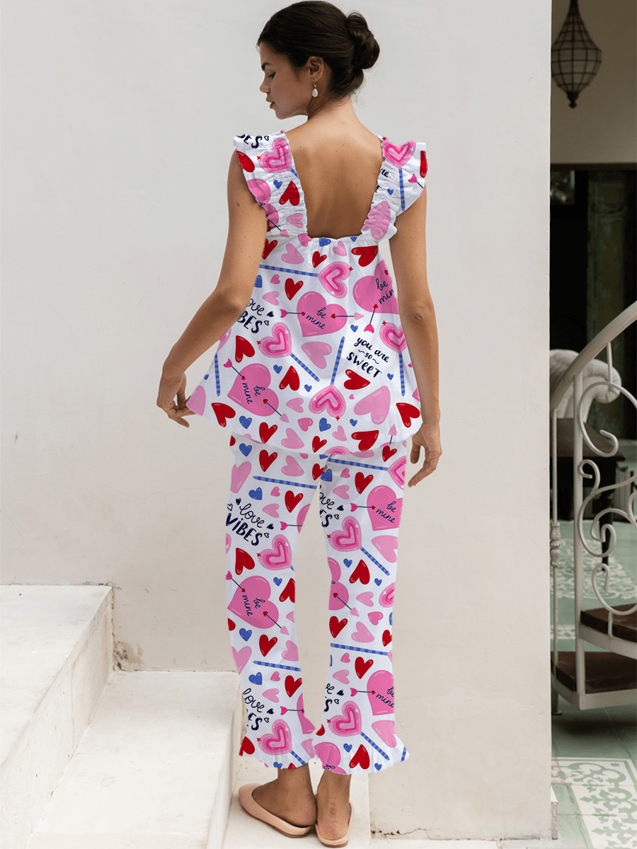 Pink & White Heart & Lips Print Tank Top Pajama Set