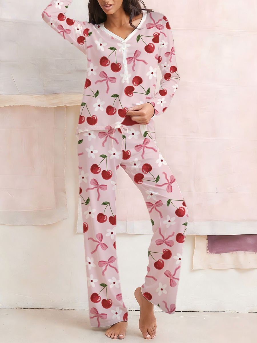 Cherry & Bow Print Long Sleeve Cotton Homewear Set