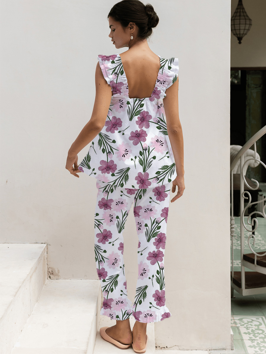 Purple Floral Print Tank Top Pajama Set