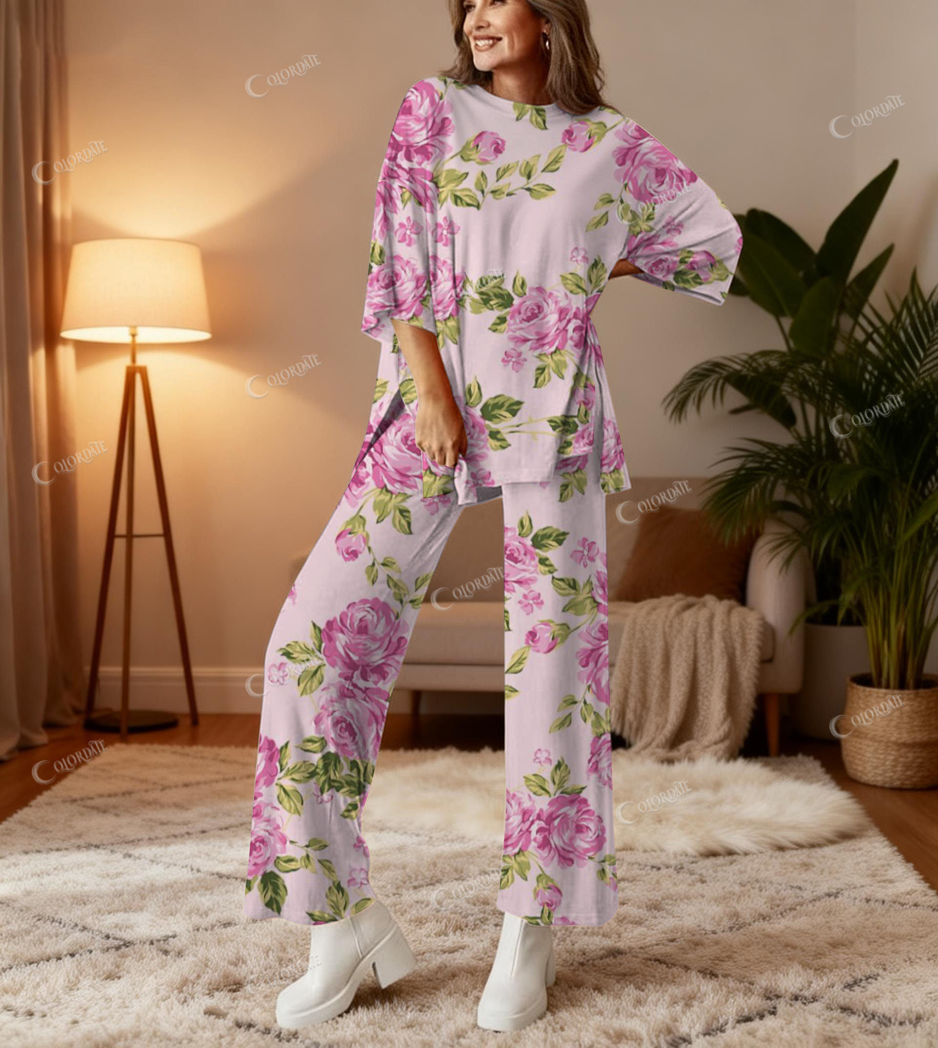Pink Floral Print Bamboo-Soft Lounge Set Pants