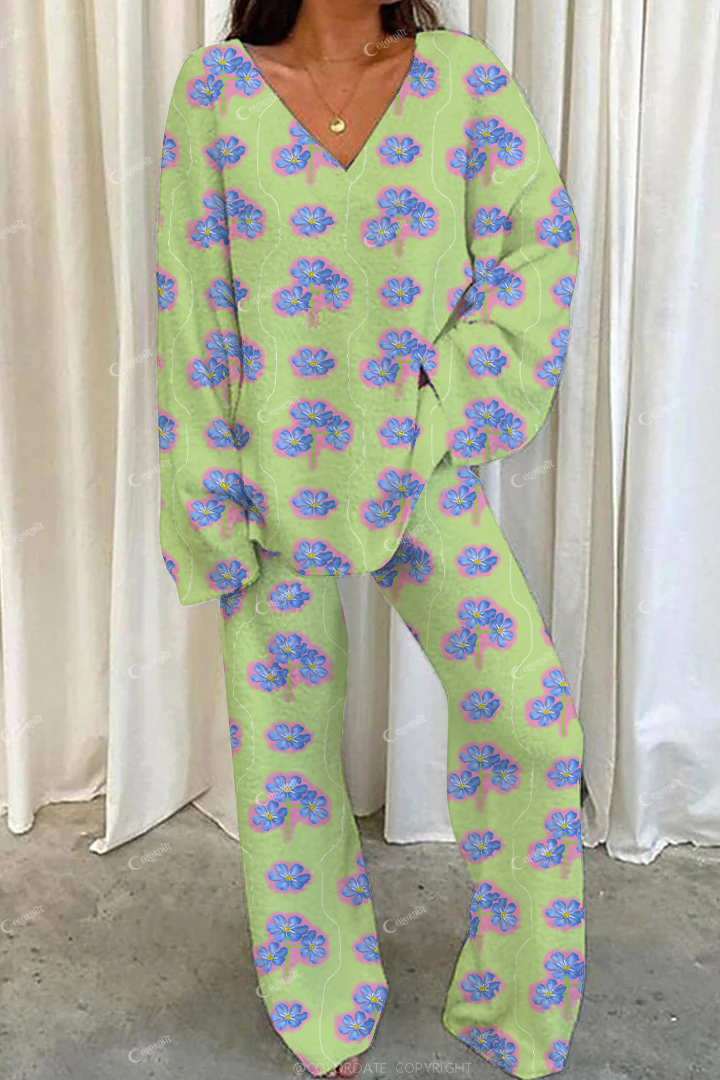 Colordate Casual Purple Floral Art Loungewear Set For Women