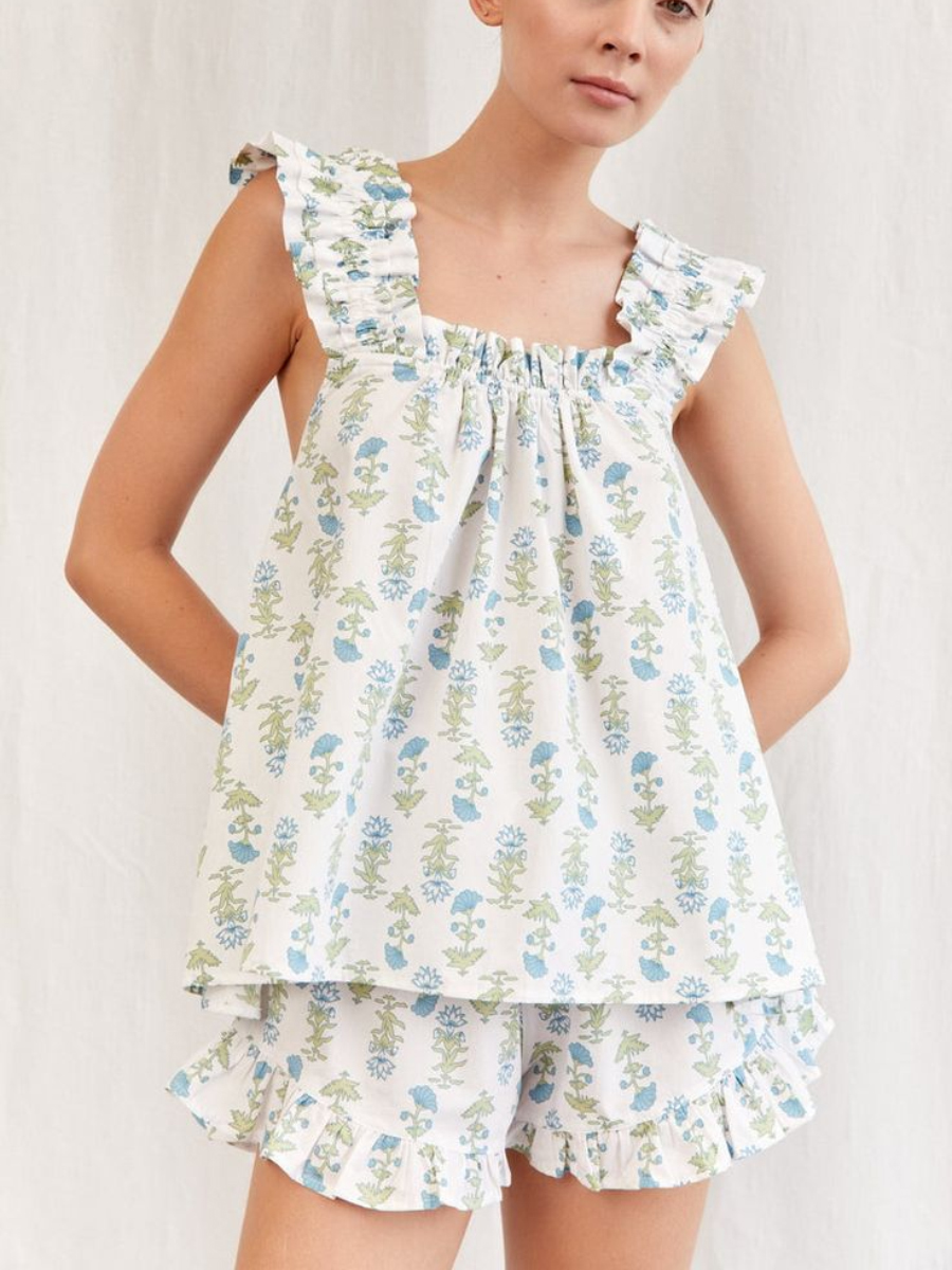 Crushed Flower Ruffled Trim Short Tank Top Shorts Pajama Set