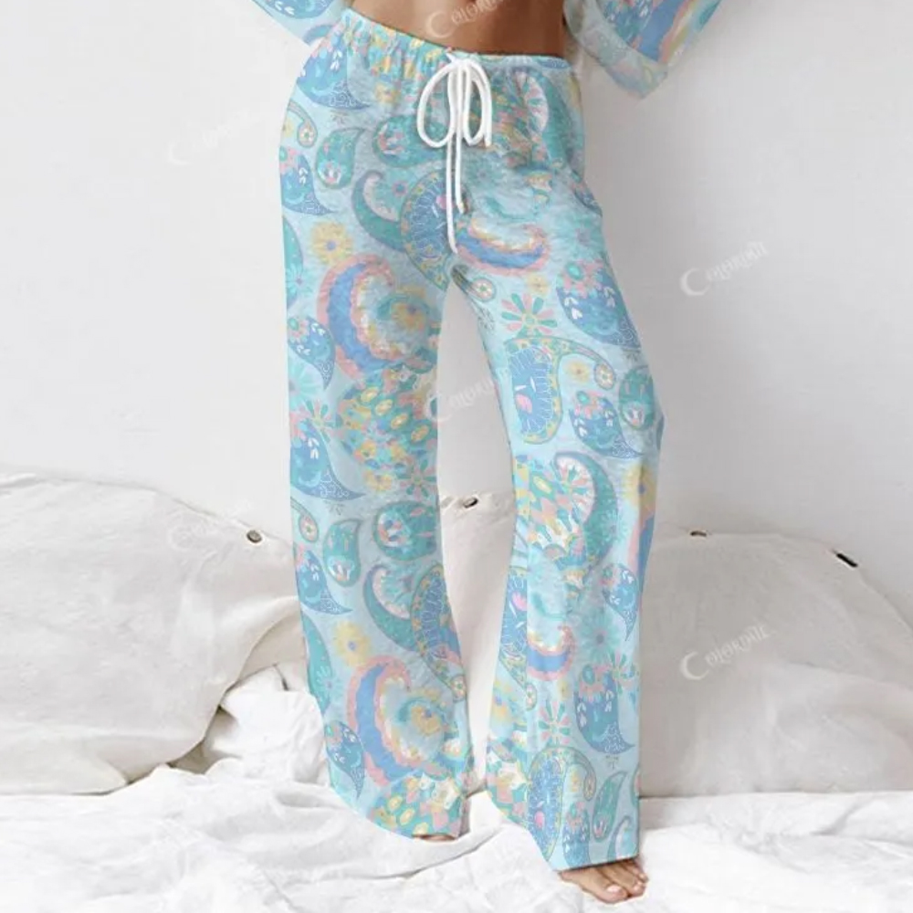 Colordate Women's Blue Drop Print Long Sleeve Cotton Homewear Set