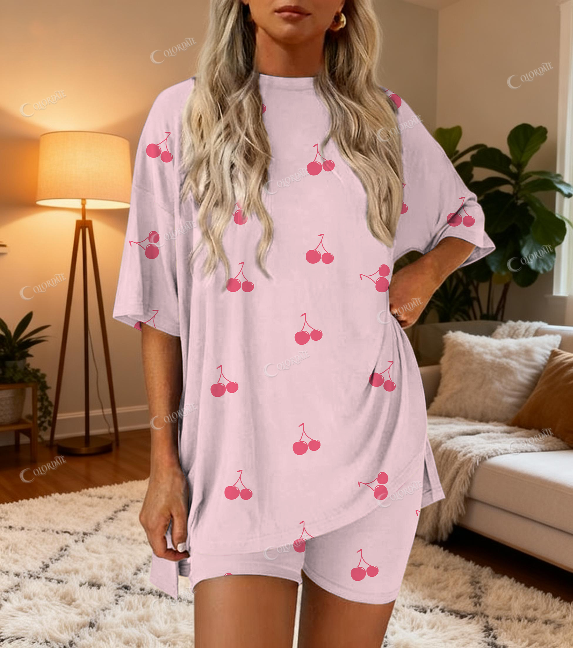 Pink Cherries Print Bamboo-Soft Lounge Set