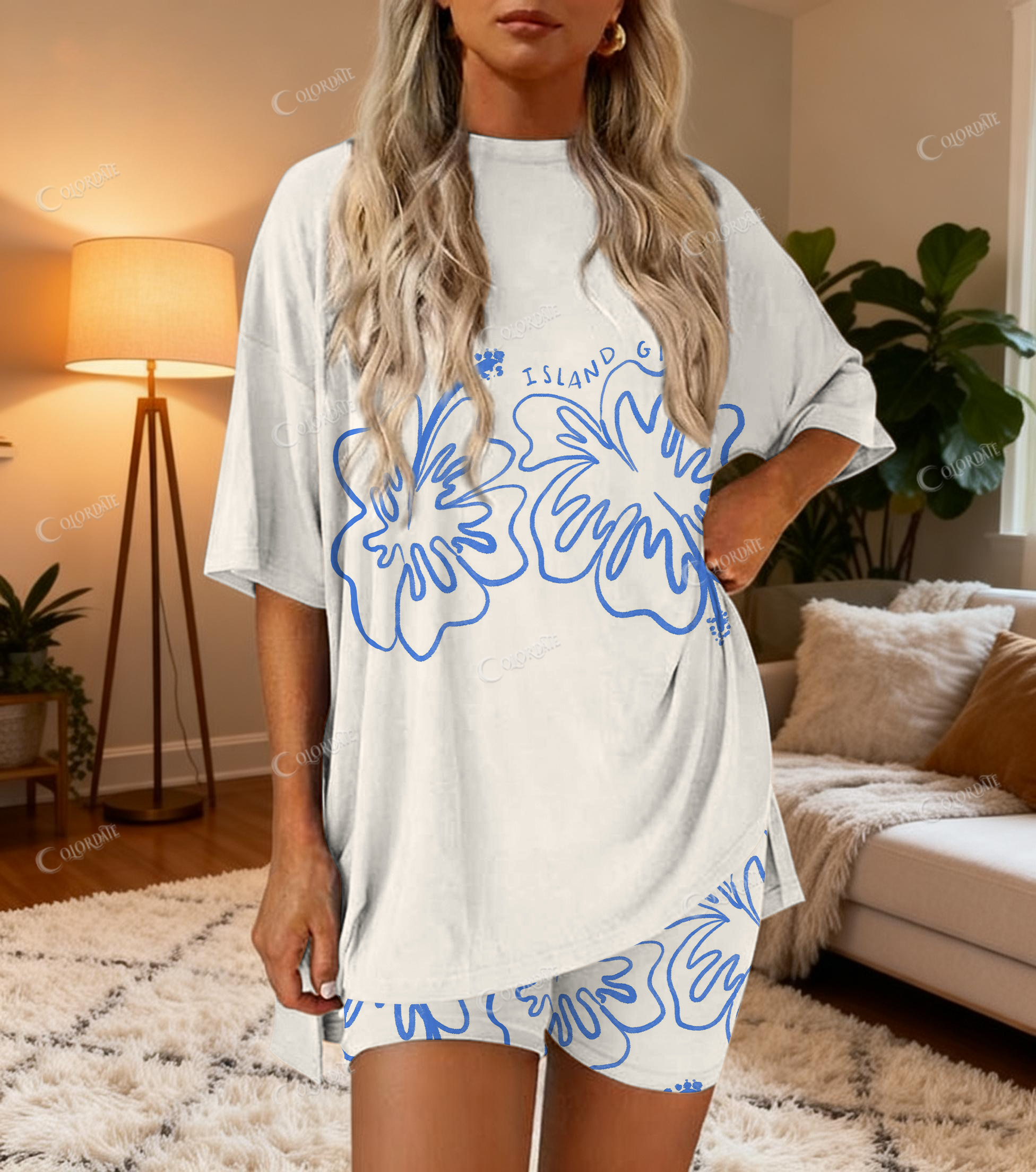 Line Art Hibiscus Print Bamboo-Soft Lounge Set
