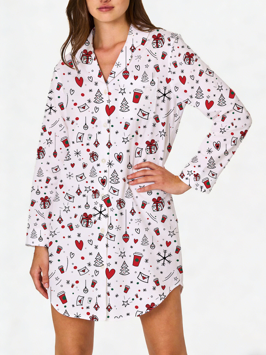 Red Cute Print Sleep Shirtdress
