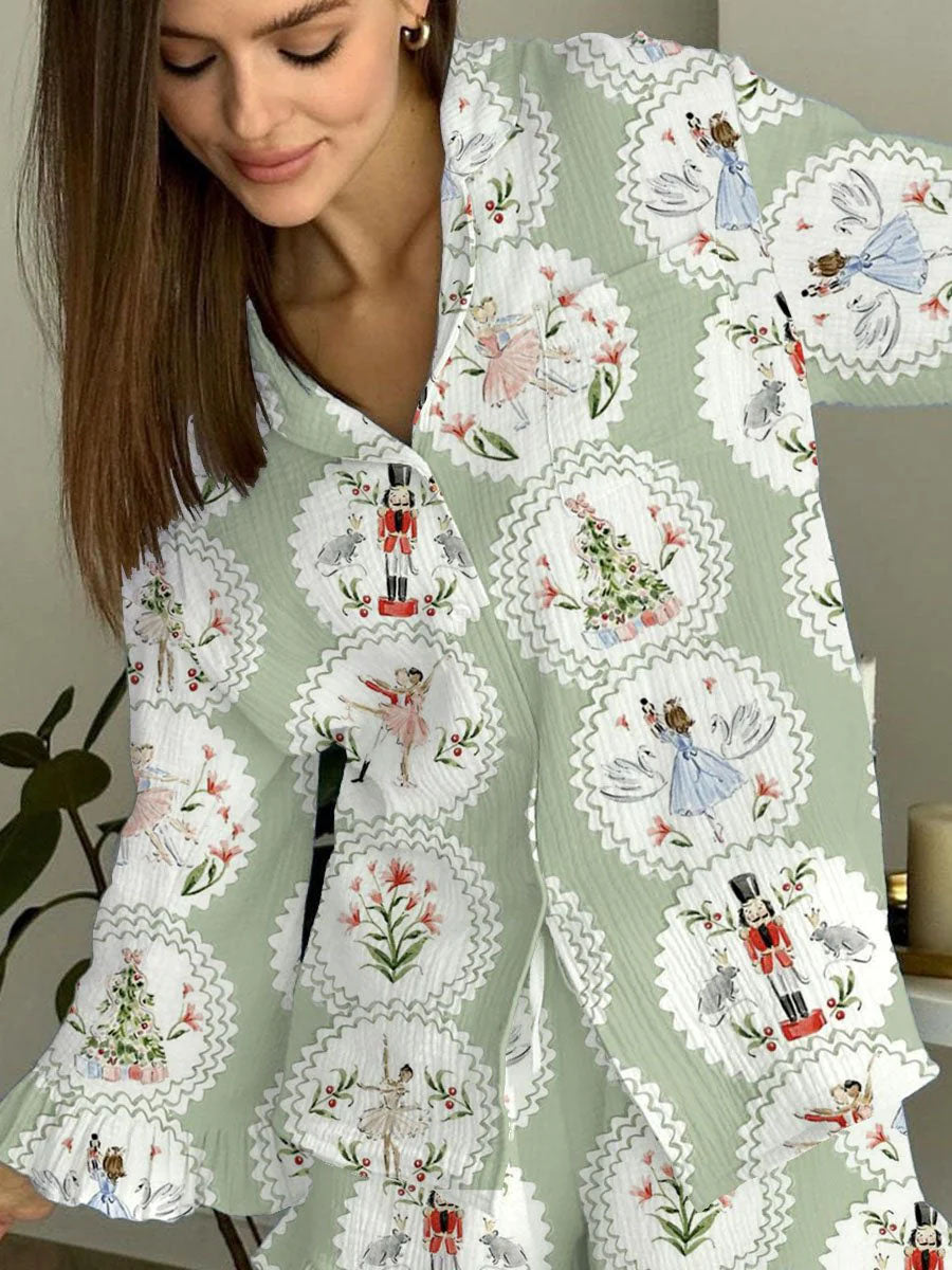 Women's Christmas Nutcracker Printed Lounge Long Sleeve Suit