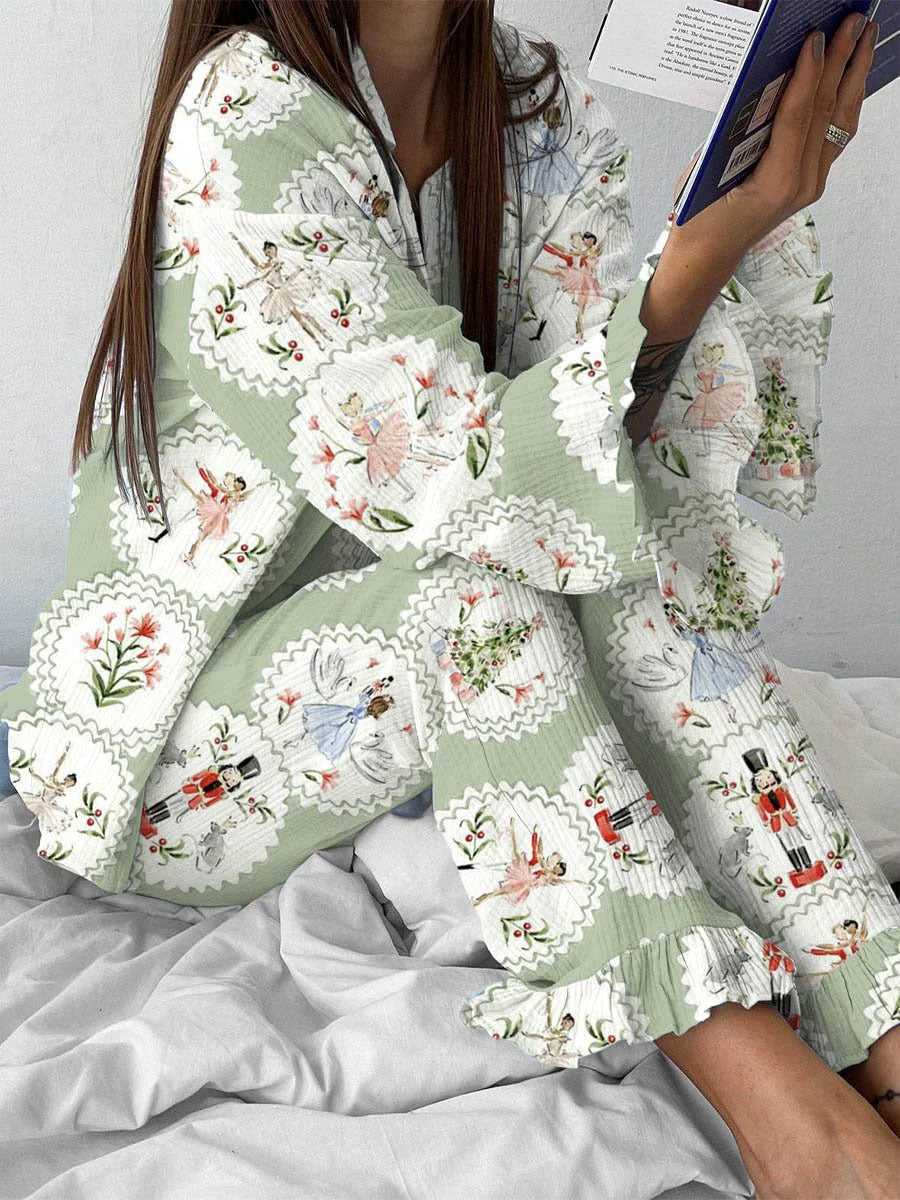 Women's Christmas Nutcracker Printed Lounge Long Sleeve Suit