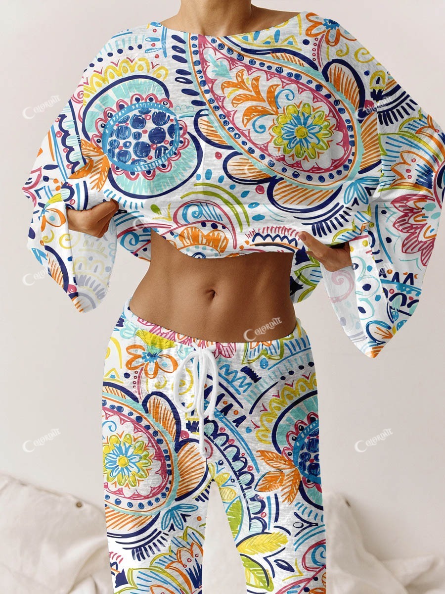 Women's Bohemian Art Print Long Sleeve Pajama Set