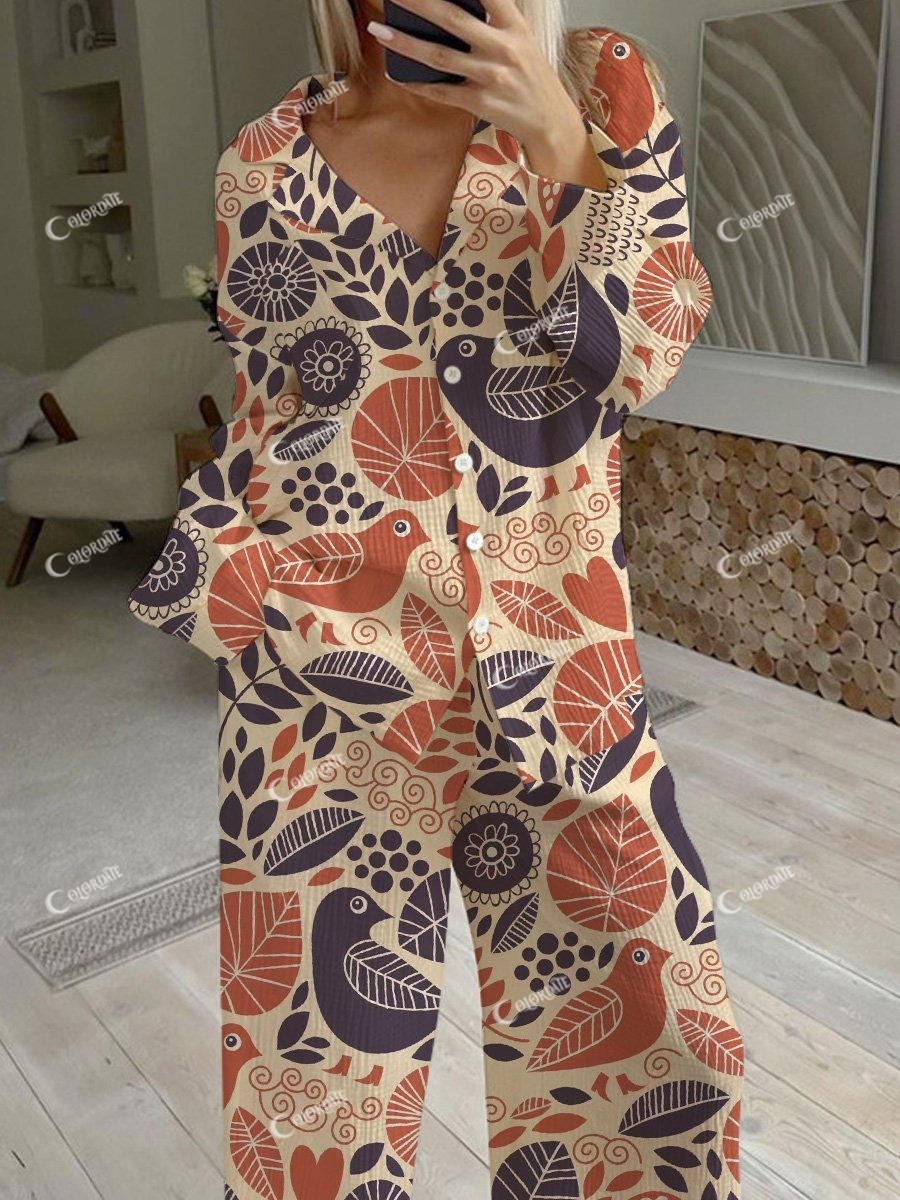 Women's Bird Plant Print Pajama Set