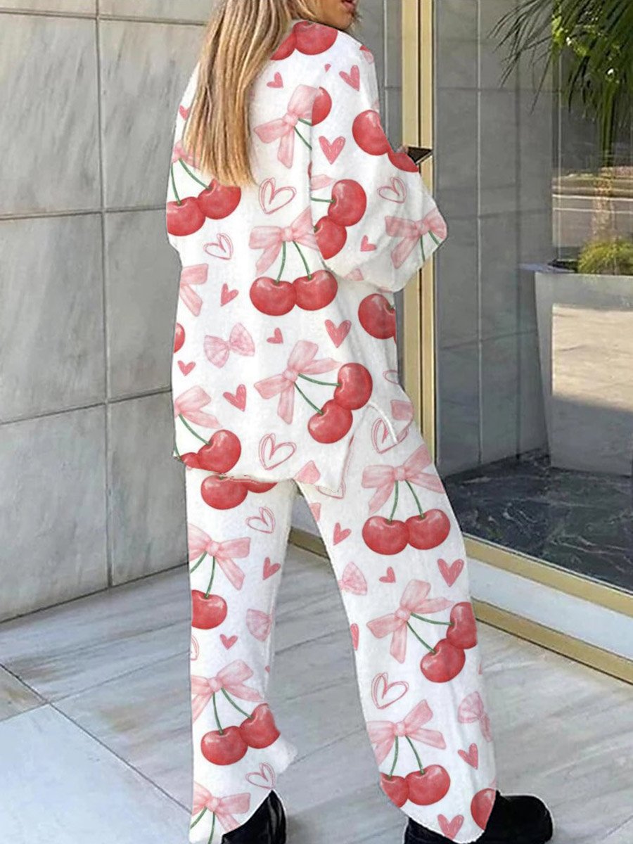 Women's Bow Cherry Pattern V-Neck Long Sleeve Pants Suit