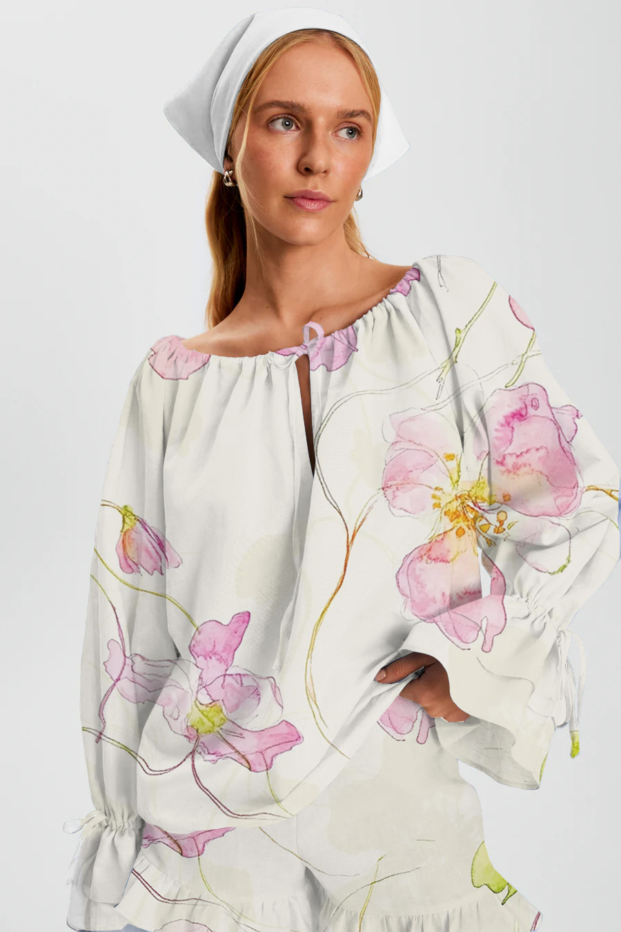 Floral Art Printed Tie-Drawn Long Sleeve Ruffle Shorts Pajama Set