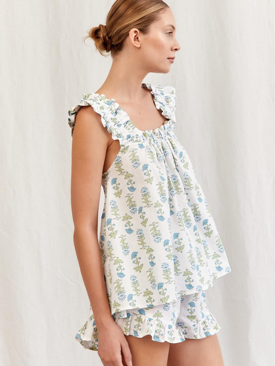 Crushed Flower Ruffled Trim Short Tank Top Shorts Pajama Set